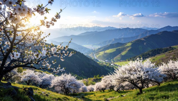 Landscape with a blooming apricot tree, idilyc spring nature, green grass and mountains in background, blue cloudy sky in sunset web banner spring time concept, AI generated