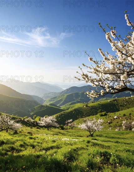 Landscape with a blooming apricot tree, idilyc spring nature, green grass and mountains in background, blue cloudy sky in sunset web banner spring time concept, AI generated