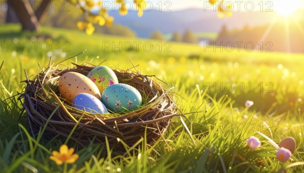 Nest with easter eggs in a basket on grass, sunny spring day, fresh beautiful landscape at daylight, soft focus for calm scenery, festive Easter decoration, wallpaper illustration banner, panorama, background, AI generated