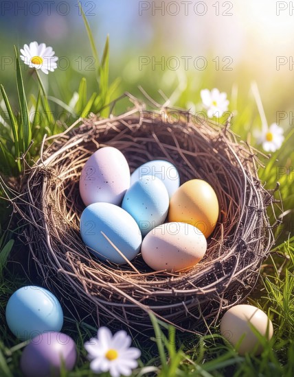 Nest with easter eggs in a basket on grass, sunny spring day, fresh beautiful landscape at daylight, soft focus for calm scenery, festive Easter decoration, wallpaper illustration banner, panorama, background, AI generated