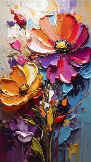 Closeup of abstract rough colorful multicolored organic floral spring flowers art painting texture, with oil acrylic brushstroke, pallet knife paint on canvas wallpaper, AI generated
