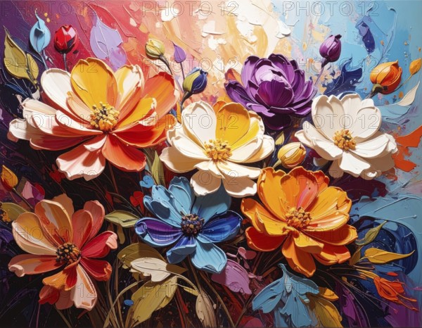 Closeup of abstract rough colorful multicolored organic floral spring flowers art painting texture, with oil acrylic brushstroke, pallet knife paint on canvas wallpaper, AI generated