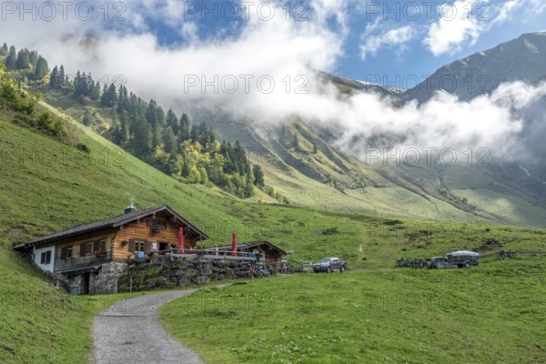Dietersbachtal valley closure, left Alpe Dietersbach, Nebelschwanden hanging in the valley, mountains of the Allgäu Alps behind, Oberstdorf, Oberallgäu, Allgäu, Bavaria, Germany