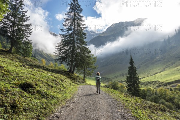 Female hiker on hiking trail in the Dietersbach Valley from Gerstruben to Alpe Dietersbach, Nebelschwanden hang in the valley, Oberstdorf, Allgäu Alps, Oberallgäu, Bavaria, Germany