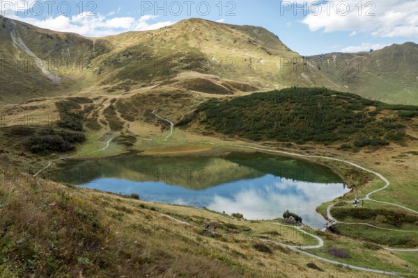 Schlappoldkopf and Söllerkopf are reflected in Schlappoldsee, Fellhorn, Oberstdorf, Oberallgäu, Allgäu, Bavaria, Germany
