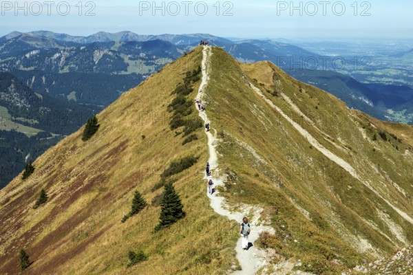 View of Schlappoldkopf with Fellhorn ridge hiking trail, Oberstdorf, Oberallgäu, Allgäu, Bavaria, Germany