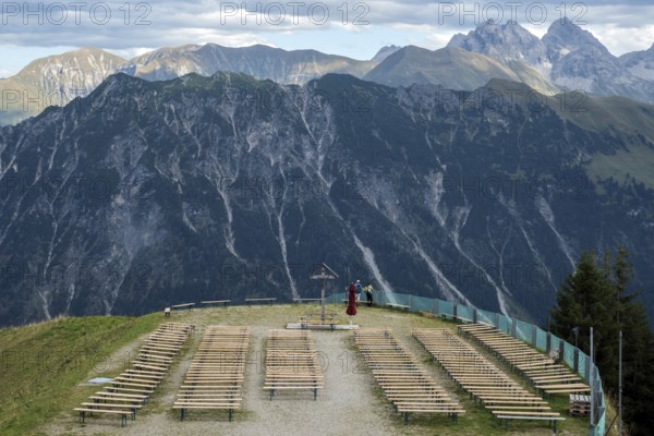 Seating and cruez for mountain service at Schlappoldsee station of the Fellhorn cable car, in the back mountains of the Allgäu Alps, Oberstdorf, Oberallgäu, Bavaria, Germany