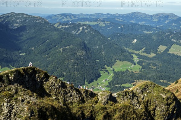 View from Fellhorn looking north into the Illertal valley, in front of the Fellhorngrat hiking trail, Oberstdorf, Oberallgäu, Allgäu, Bavaria, Germany