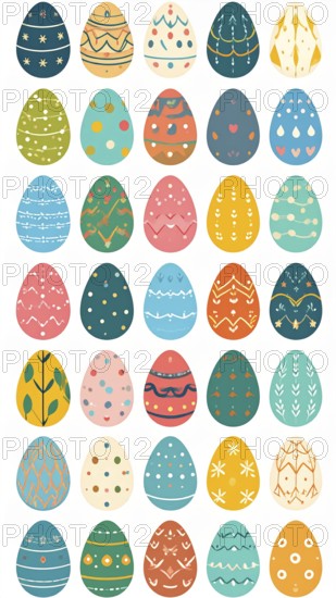 Set of easter eggs flat design on white background, abstract vector wallpaper illustration, banner for springtime, AI generated