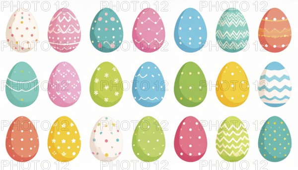 Set of easter eggs flat design on white background, abstract vector wallpaper illustration, banner for springtime, AI generated