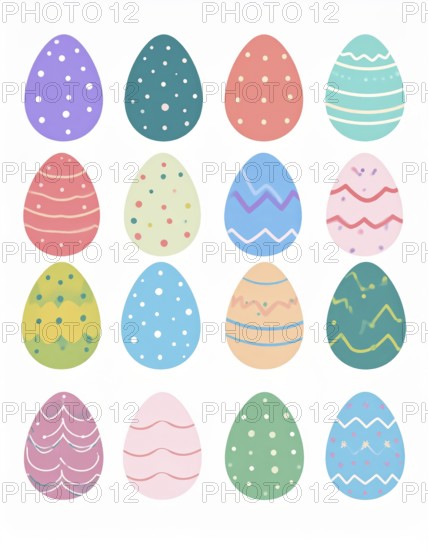 Set of easter eggs flat design on white background, abstract vector wallpaper illustration, banner for springtime, AI generated