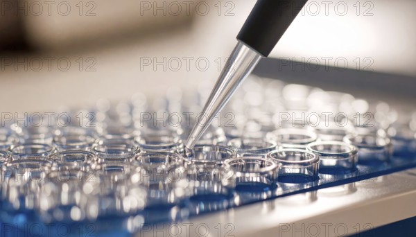 Twin pipette tips align above circular wells on a blue microplate, Pipette dispensing a liquid onto a multi-well plate in a clean laboratory, close up of medical equipment with blurred laboratory background, science, technology and health concept, AI generated