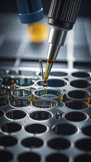 Automated pipetting hovers over reflective wells in an industrial lab mood, Pipette dispensing a liquid onto a multi-well plate in a clean laboratory, close up of medical equipment with blurred laboratory background, science, technology and health concept, AI generated