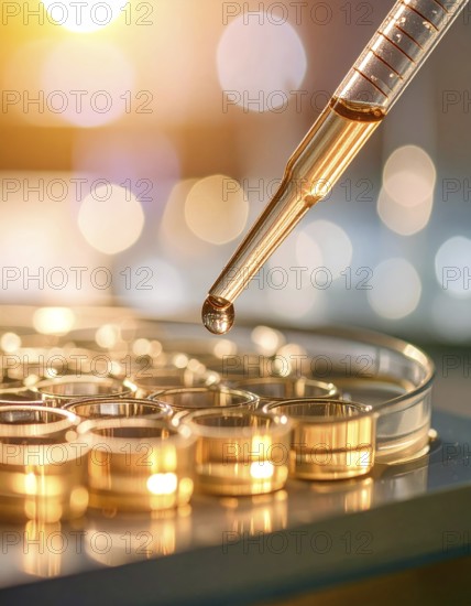 Amber light highlights a pipette poised above circular wells, Pipette dispensing a liquid onto a multi-well plate in a clean laboratory, close up of medical equipment with blurred laboratory background, science, technology and health concept, AI generated