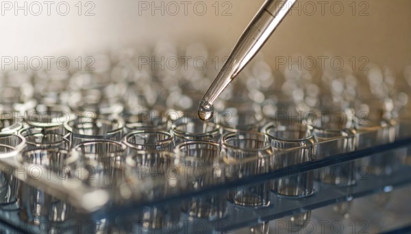 A suspended droplet approaches glass wells on a cool-toned lab plate, Pipette dispensing a liquid onto a multi-well plate in a clean laboratory, close up of medical equipment with blurred laboratory background, science, technology and health concept, AI generated
