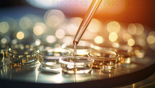 Golden light bathes a pipette as reagent flows into clear wells with dreamy bokeh, Pipette dispensing a liquid onto a multi-well plate in a clean laboratory, close up of medical equipment with blurred laboratory background, science, technology and health concept, AI generated