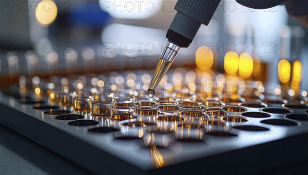 A forming droplet glints above metal wells lit by amber lab lights, Pipette dispensing a liquid onto a multi-well plate in a clean laboratory, close up of medical equipment with blurred laboratory background, science, technology and health concept, AI generated