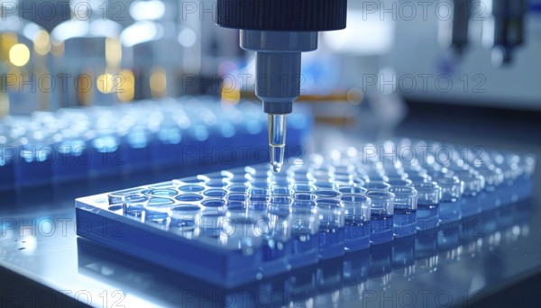 Automated pipette aligns over a blue microplate, a droplet forming in a high-throughput lab setup, Pipette dispensing a liquid onto a multi-well plate in a clean laboratory, close up of medical equipment with blurred laboratory background, science, technology and health concept, AI generated