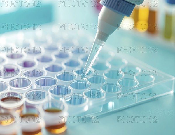 A micropipette releases a droplet into a clear 96-well plate under cool, sterile lab light, Pipette dispensing a liquid onto a multi-well plate in a clean laboratory, close up of medical equipment with blurred laboratory background, science, technology and health concept, AI generated