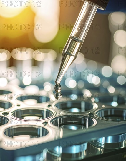 Gleaming droplet hangs from a pipette above a blue microplate in sunlit warmth, Pipette dispensing a liquid onto a multi-well plate in a clean laboratory, close up of medical equipment with blurred laboratory background, science, technology and health concept, AI generated