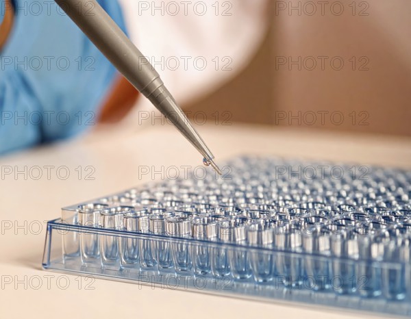 Controlled droplet from a pipette over rows of clear wells on a blue plate, Pipette dispensing a liquid onto a multi-well plate in a clean laboratory, close up of medical equipment with blurred laboratory background, science, technology and health concept, AI generated