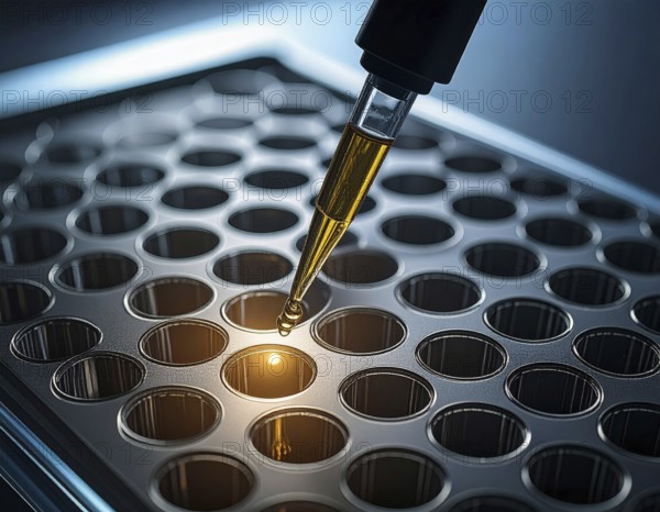 A pipette dispenses amber reagent into a dark microplate with dramatic contrast, Pipette dispensing a liquid onto a multi-well plate in a clean laboratory, close up of medical equipment with blurred laboratory background, science, technology and health concept, AI generated