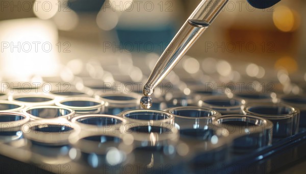 A droplet descends from a pipette toward reflective wells under mixed warm and cool light, Pipette dispensing a liquid onto a multi-well plate in a clean laboratory, close up of medical equipment with blurred laboratory background, science, technology and health concept, AI generated