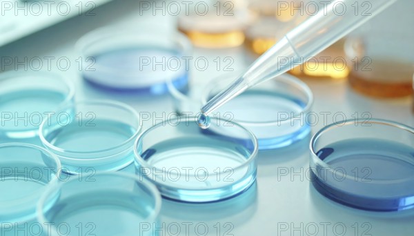 A pipette releases a drop into blue petri dishes in a bright clinical setting, Pipette dispensing a liquid onto a multi-well plate in a clean laboratory, close up of medical equipment with blurred laboratory background, science, technology and health concept, AI generated