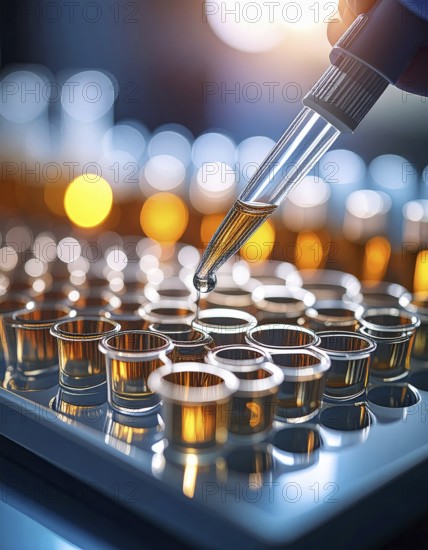A pipette releases a drop toward glowing wells filled with warm reagent, Pipette dispensing a liquid onto a multi-well plate in a clean laboratory, close up of medical equipment with blurred laboratory background, science, technology and health concept, AI generated