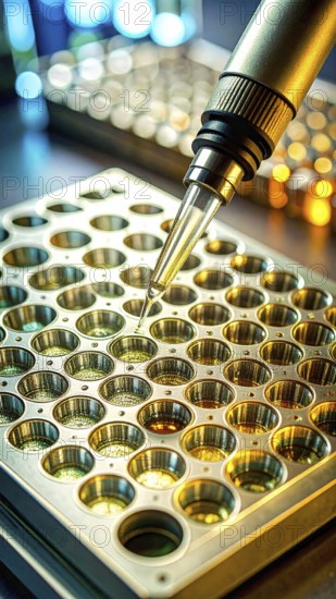 A precision pipette targets golden microplate wells in a vibrant lab scene, Pipette dispensing a liquid onto a multi-well plate in a clean laboratory, close up of medical equipment with blurred laboratory background, science, technology and health concept, AI generated