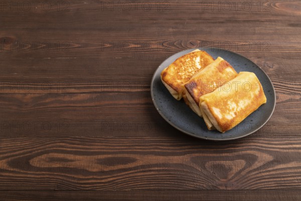 Fried crispy pancakes with meat and cheese on brown wooden background. side view, copy space