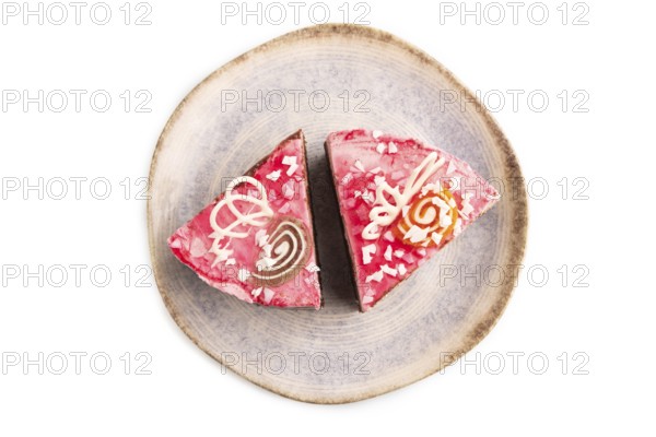 Chocolate cake isolated on white background, top view, flat lay, close up