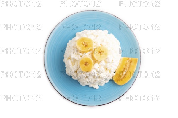 White ?ottage cheese, Curd, with Banana isolated on white background, top view, flat lay, close up