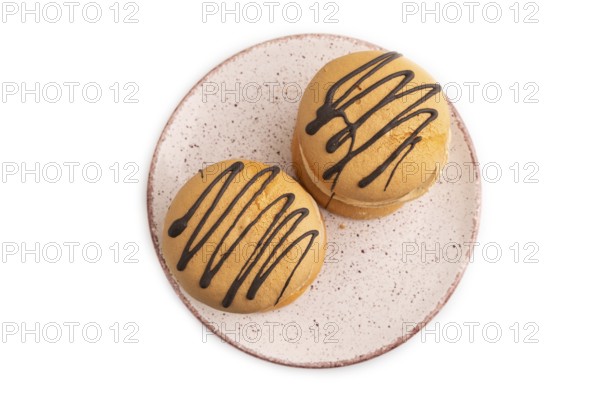 Caramel Cream Cakes isolated on white background, top view, flat lay, close up