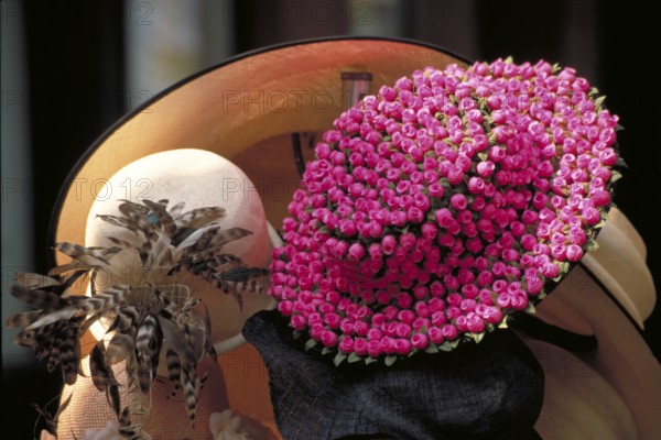 Hats in a shop window, New York City, USA
