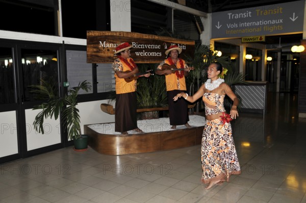 Musical reception, greeting, dancers at Faaa airport in Tahiti, Papete, French Polynesia