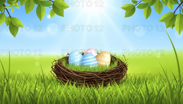 Nest with easter eggs in grass on a sunny spring day, Easter wallpaper decoration drawing, banner, panorama, background, abstract vector illustration, AI generated