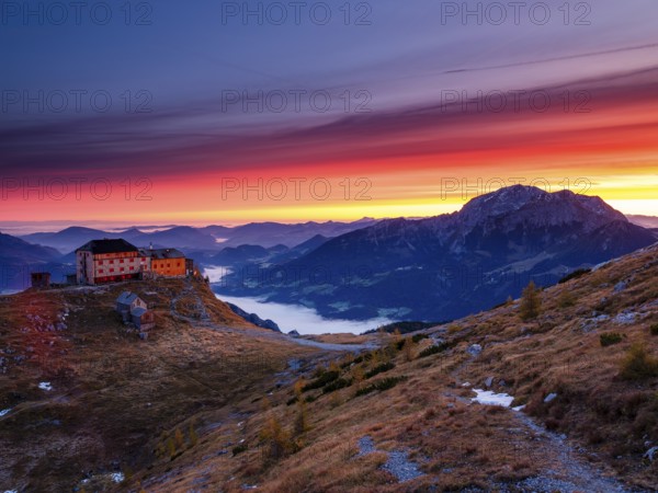 Watzmannhaus at dawn, fog in the valley, right Hoher Göll, Berchtesgaden National Park, Schönau am Königssee, Berchtesgadener Land, Upper Bavaria, Bavaria, Germany