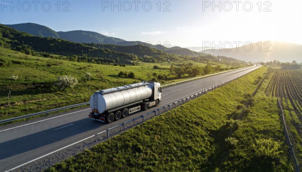 Petrol cargo truck lorry tanker driving on highway hauling oil products at sunrise, wide hilly landscape, AI generated