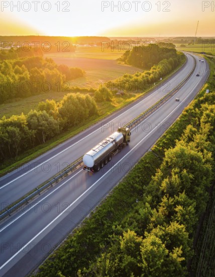 Petrol cargo truck lorry tanker driving on highway hauling oil products at sunrise, wide hilly landscape, AI generated