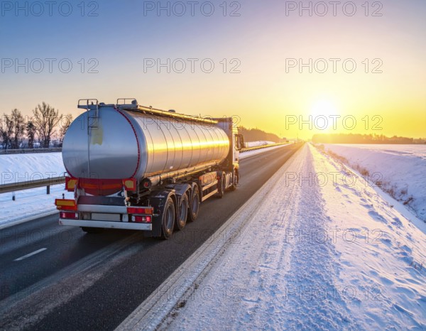 Petrol cargo truck lorry tanker driving on highway hauling oil products at sunrise, wide snowy landscape in winter, AI generated