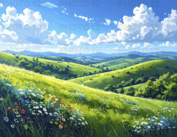 Fresh summer hilly Landscape with blooming Meadow, green plants, Blue Sky with cloudy sky, serene nature background, abstract vector illustration, AI generated