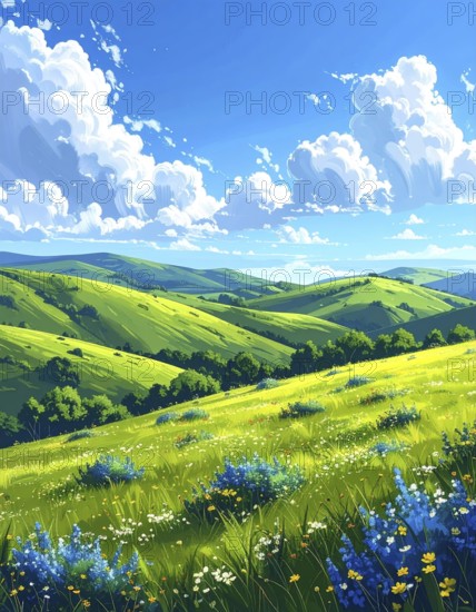 Fresh summer hilly Landscape with blooming Meadow, green plants, Blue Sky with cloudy sky, serene nature background, abstract vector illustration, AI generated