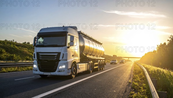 Petrol cargo truck lorry tanker driving on highway hauling oil products at sunrise, wide hilly landscape, AI generated