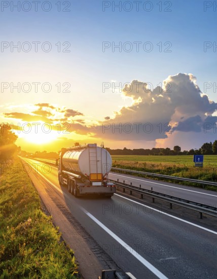 Petrol cargo truck lorry tanker driving on highway hauling oil products at sunrise, wide hilly landscape, AI generated