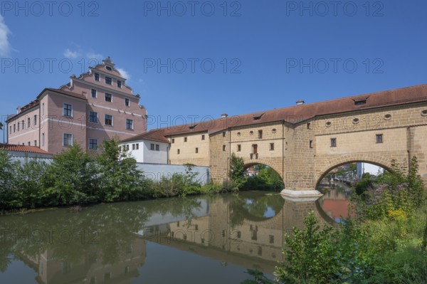On the left, the Electoral Palace, with so-called city glasses, late medieval water gate building over the Vils, Amberg, Upper Palatinate, Bavaria, Germany