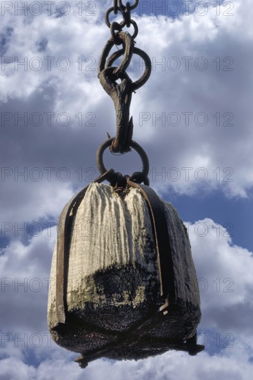 Weight on a historic port crane from 1797, Lüneburg, Lower Saxony, Germany