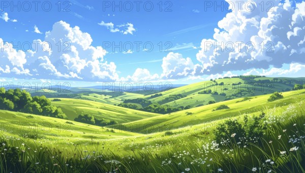 Fresh summer hilly Landscape with blooming Meadow, green plants, Blue Sky with cloudy sky, serene nature background, abstract vector illustration, AI generated
