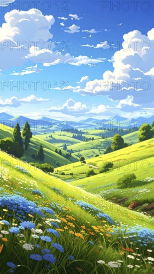 Fresh summer hilly Landscape with blooming Meadow, green plants, Blue Sky with cloudy sky, serene nature background, abstract vector illustration, AI generated