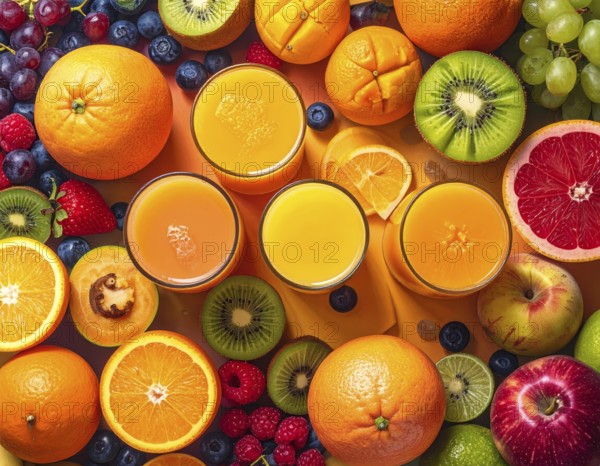 Fresh fruit juices in glasses, surrounded by colorful fruits, showcasing healthy drinking and eating, fitness and wellness lifestyle, AI generated